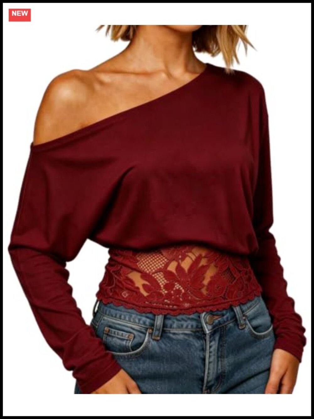 Lace Off Shoulder Crop Top Cinched Waist Asymmetrical Sleeve Going Out